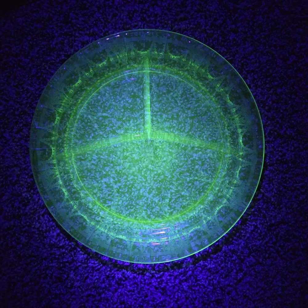 Uranium Glass Divided Plate Ballerina Cameo Dancing Girl Green Platter GLOWS